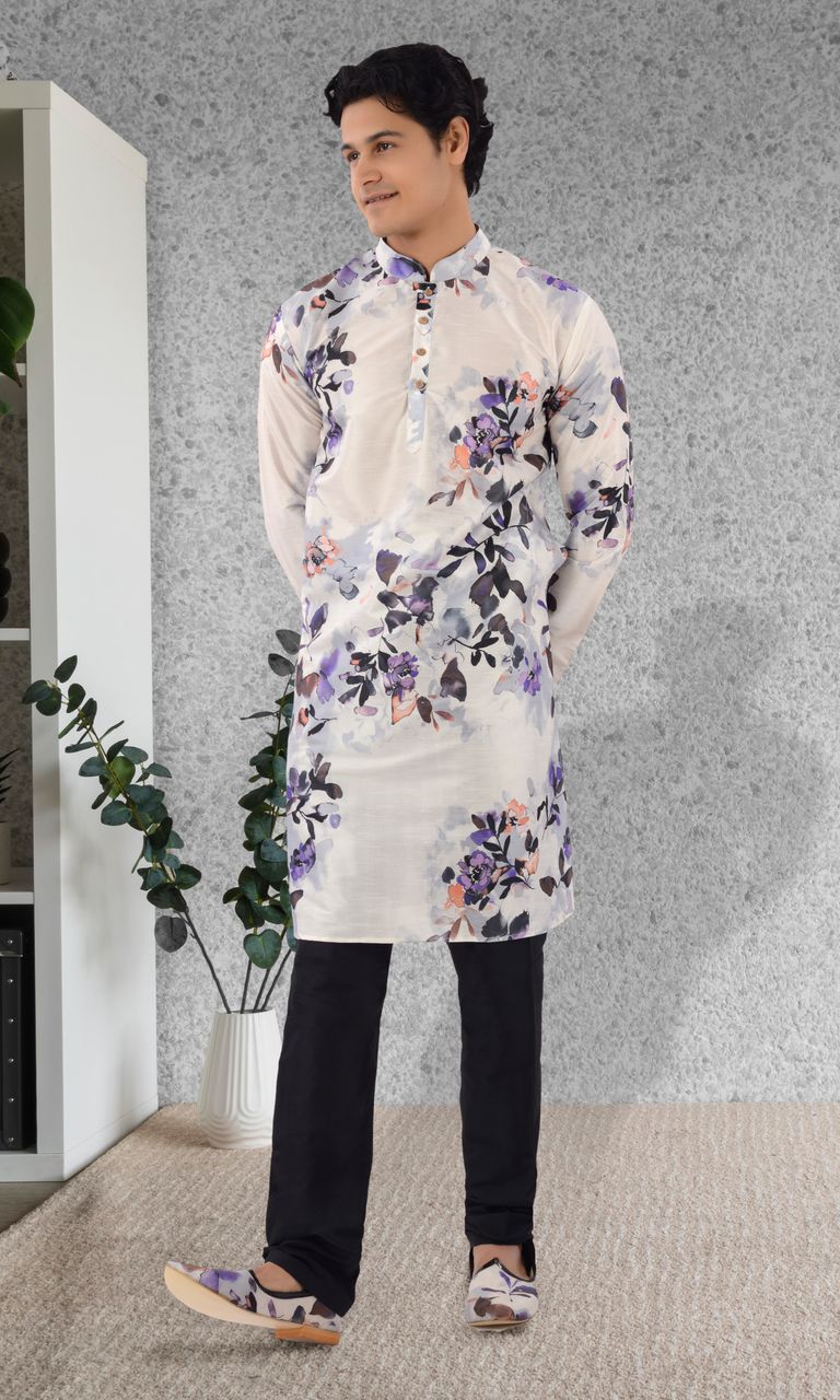 White Color Floral Silk Kurta Pajama