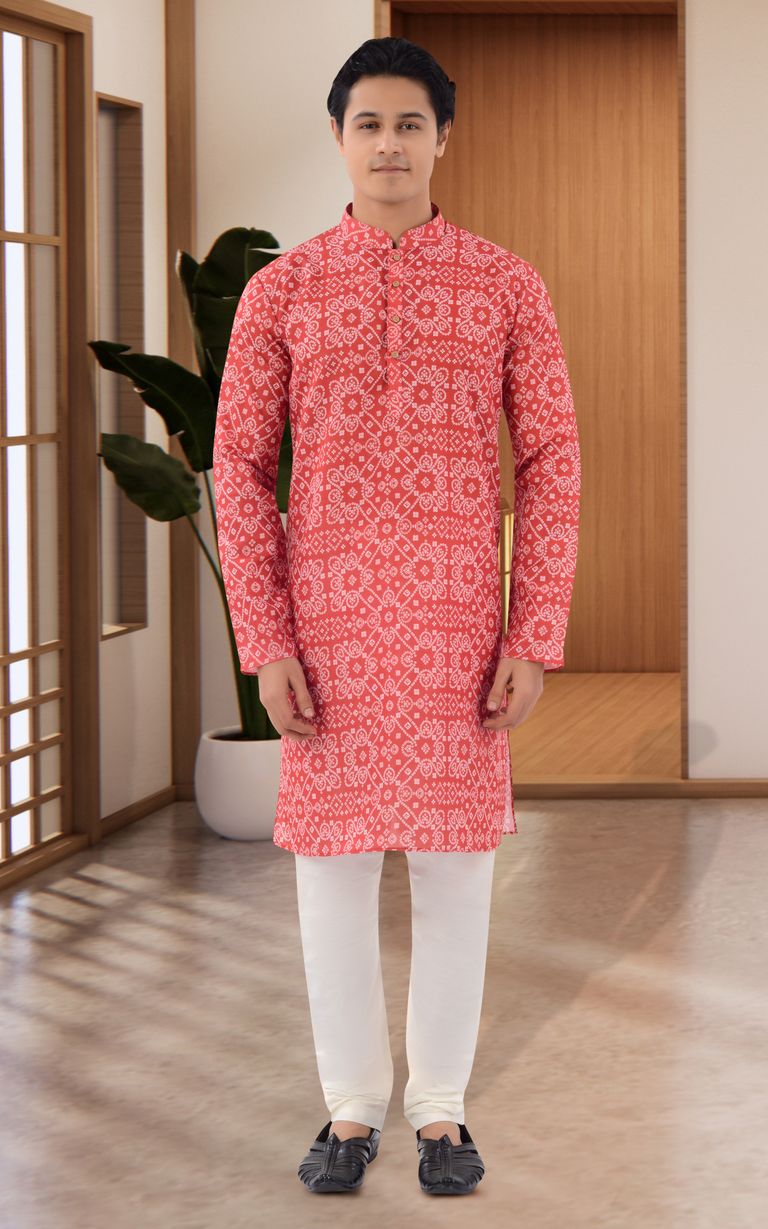 Festive Wear Red Cotton Print Kurta Set