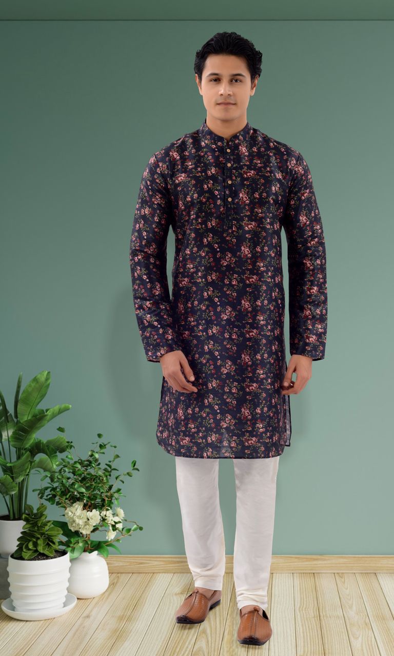 Multicolor Floral Print Silk Kurta Pajama