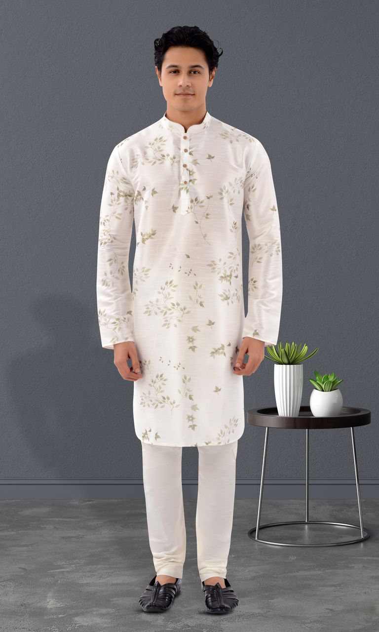 White Floral Print Silk Kurta Pajama 
