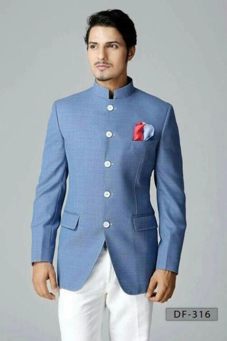 Stylish Sky Blue Color Jodhpuri Suit With Stitch Accents