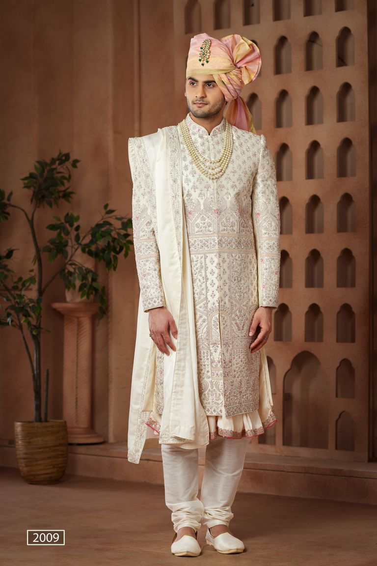 Cream Sherwani With All Over Handwork And Anarkali Kurta