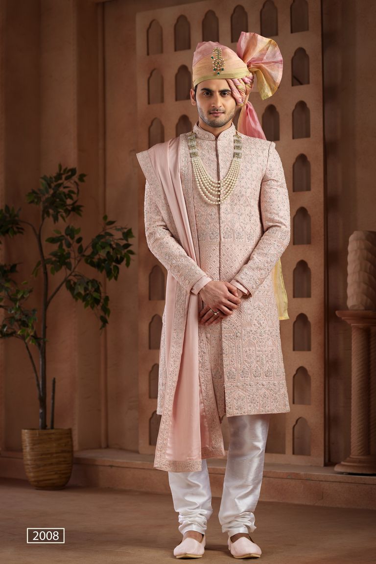 Onion Pink Sherwani Adorned With All Over Handwork