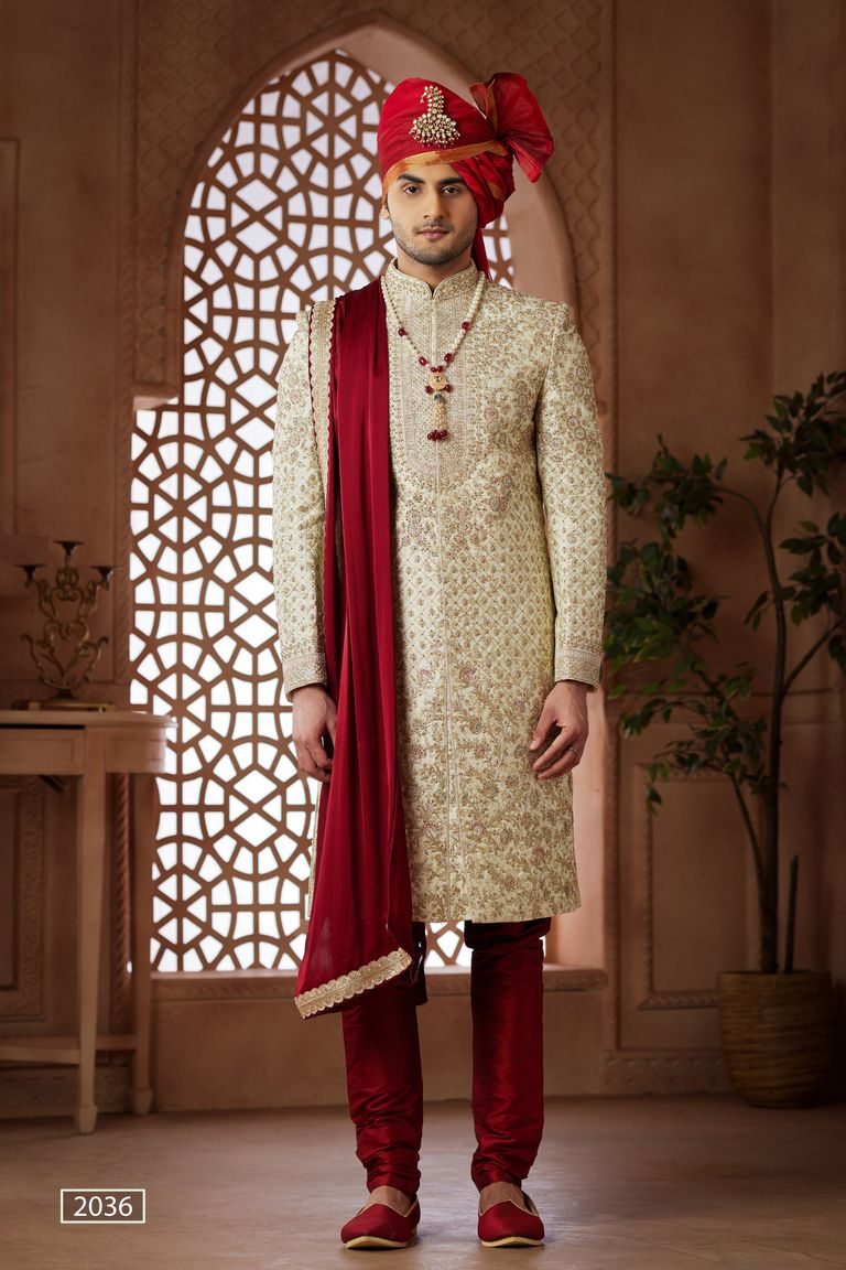 Cream Wedding Sherwani With Heavy Handwork