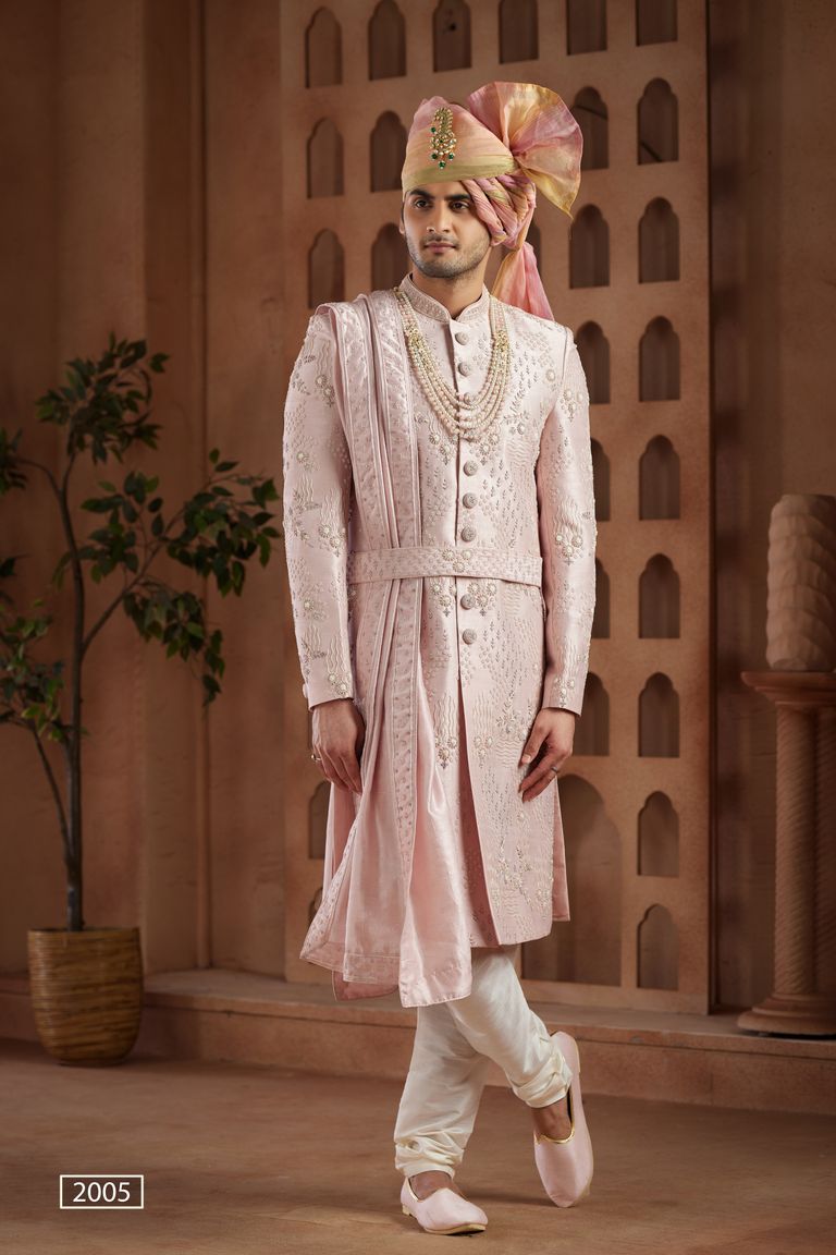 Beautiful Pink Sherwani With All Over Handwork