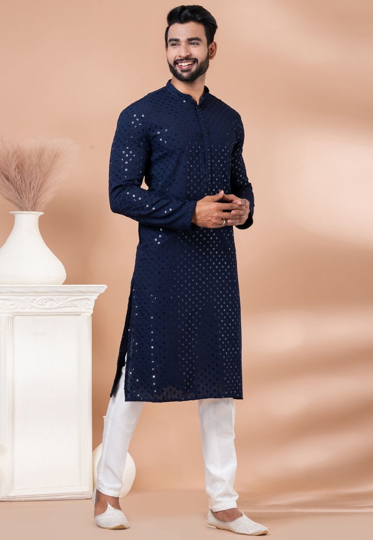 Chikankari And Sequin Work Navy Blue Kurta In Rayon Fabric
