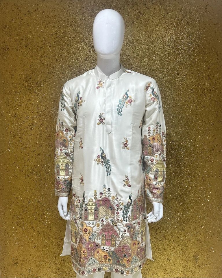 Peacock Embroidery White Kurta Set In Malai Silk