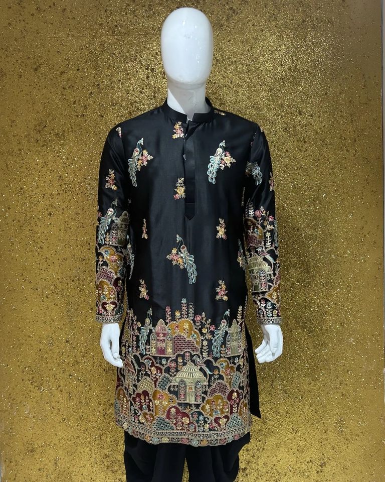 Peacock Embroidery Black Kurta Set In Malai Silk