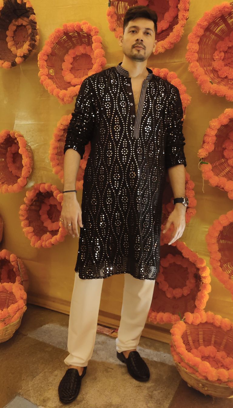 Marvelous Black Mirror Work Kurta Set