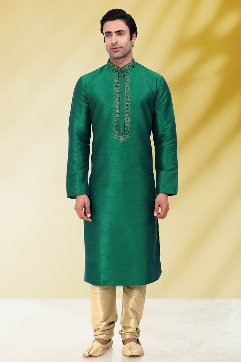Rama Green Color Embroidery Work Kurta Pajama