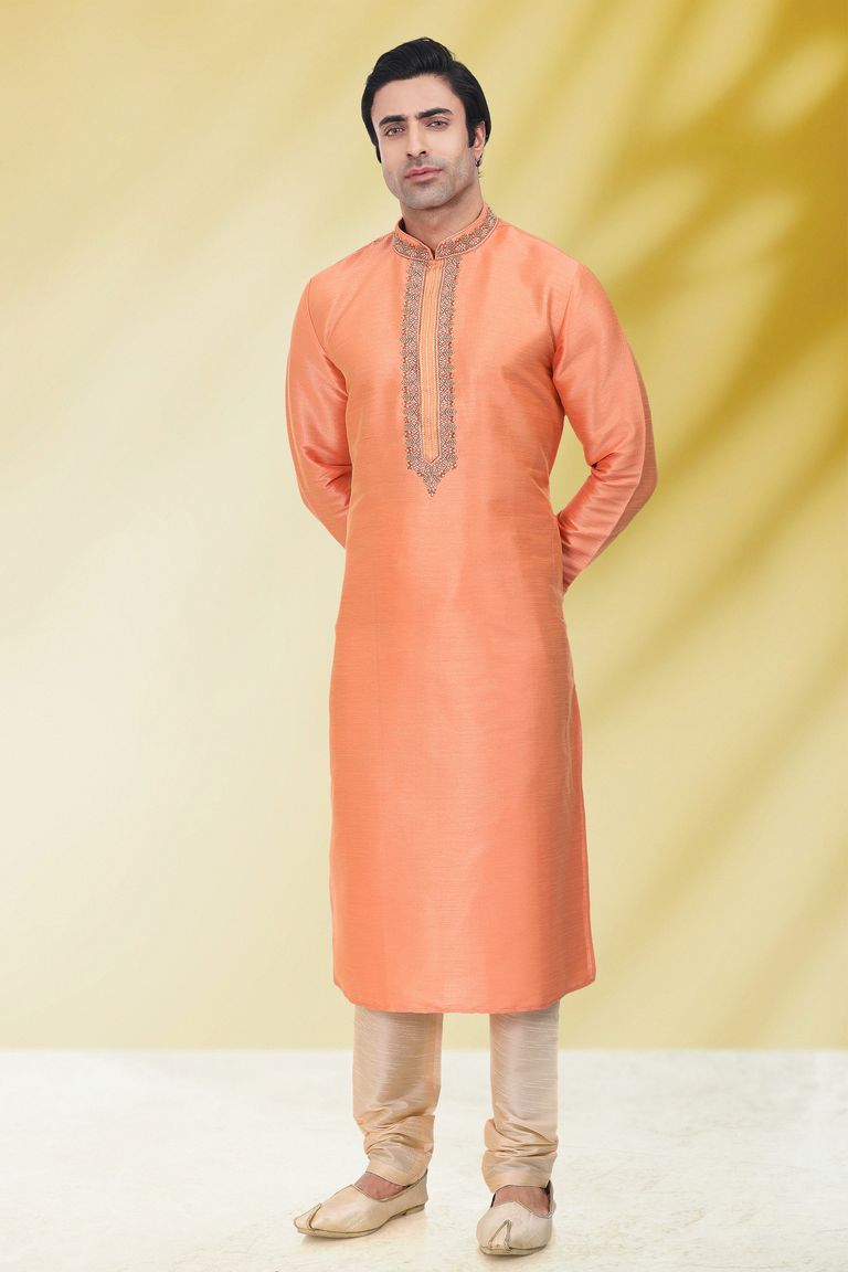 Beautiful Peach Color Embroidery Work Kurta Pajama