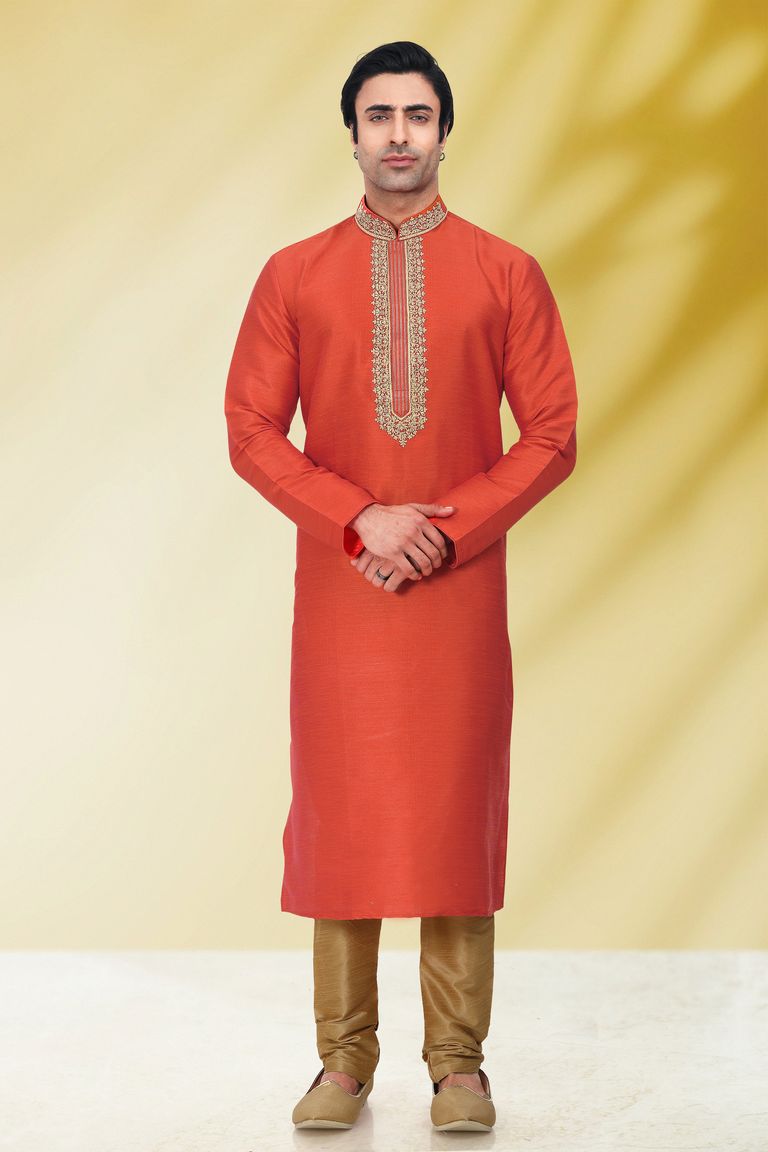 Orange Embroidered Kurta With Dark Golden Pajama