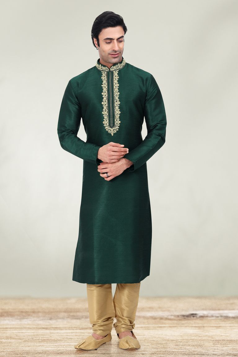 Bottle Green Embroidered Kurta With Golden Pajama