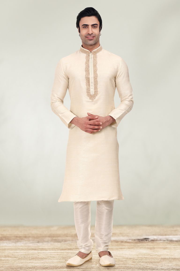 Cream Embroidered Kurta With White Pajama