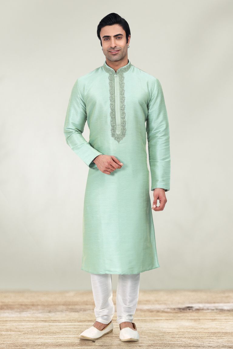 Pista Green Embroidered Kurta With White Pajama