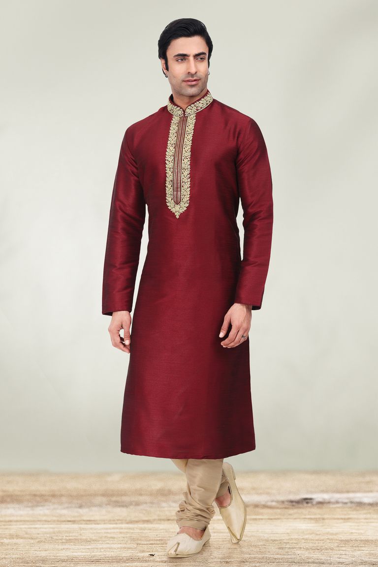 Maroon Embroidered Kurta With Cream Pajama