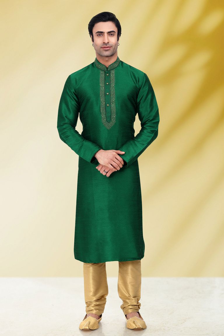Dark Green Embroidered Kurta With Golden Pajama