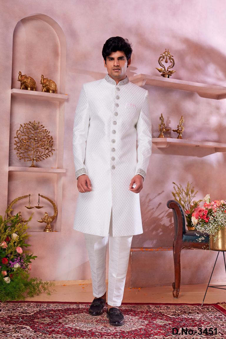 Off White Indo Western Sherwani With Handowork On Collar And Buttons