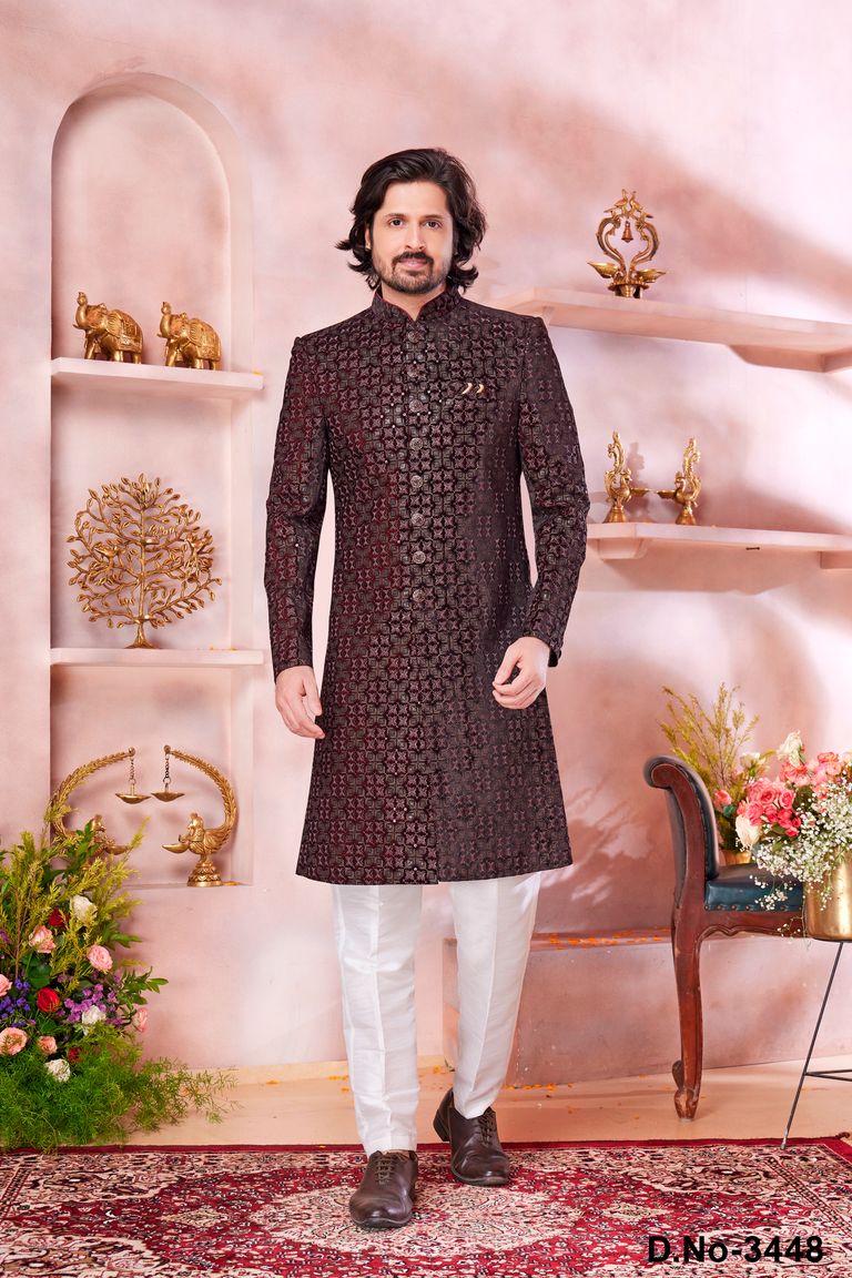 Modern Maroon Colored Party Wear Indo Western Sherwani