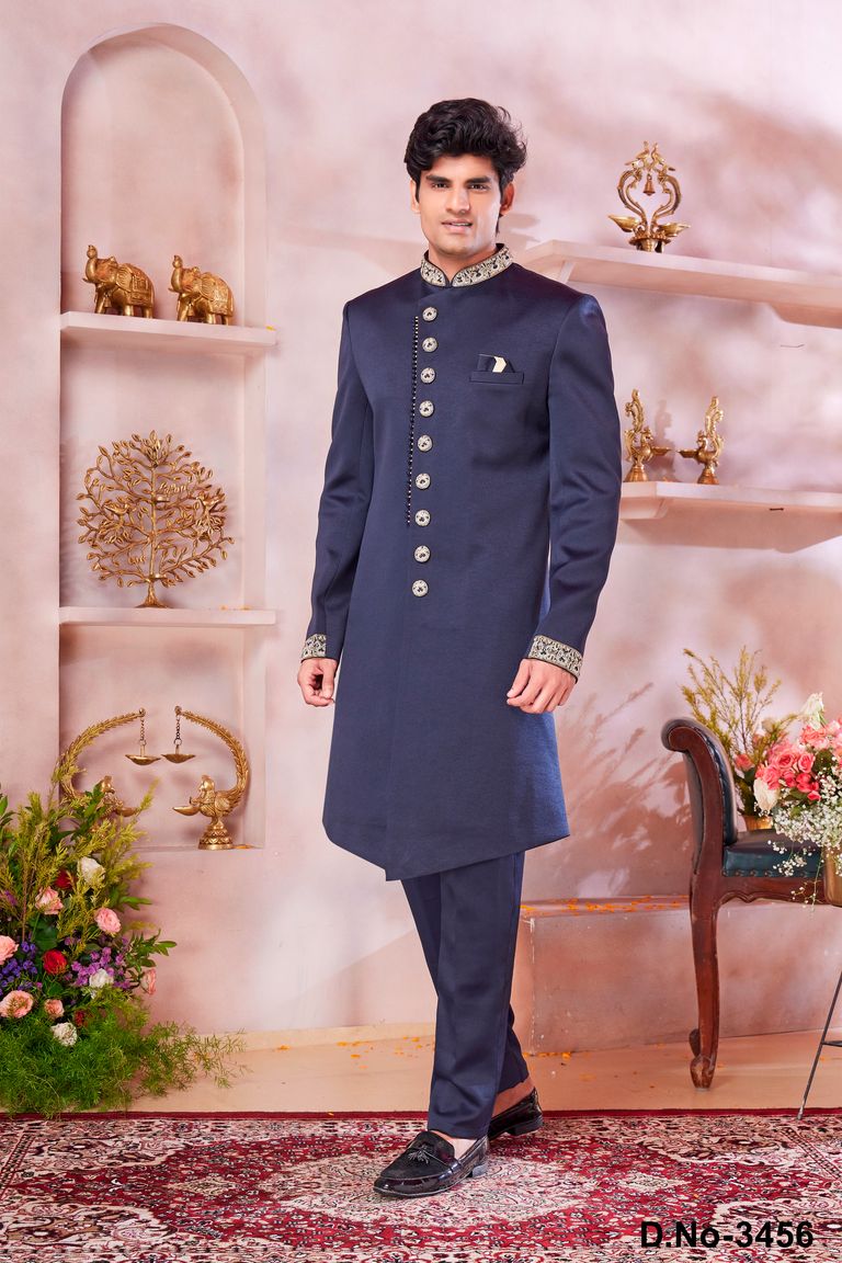 Party Wear Navy Blue Indo Western Sherwani In Imported Suiting Fabric