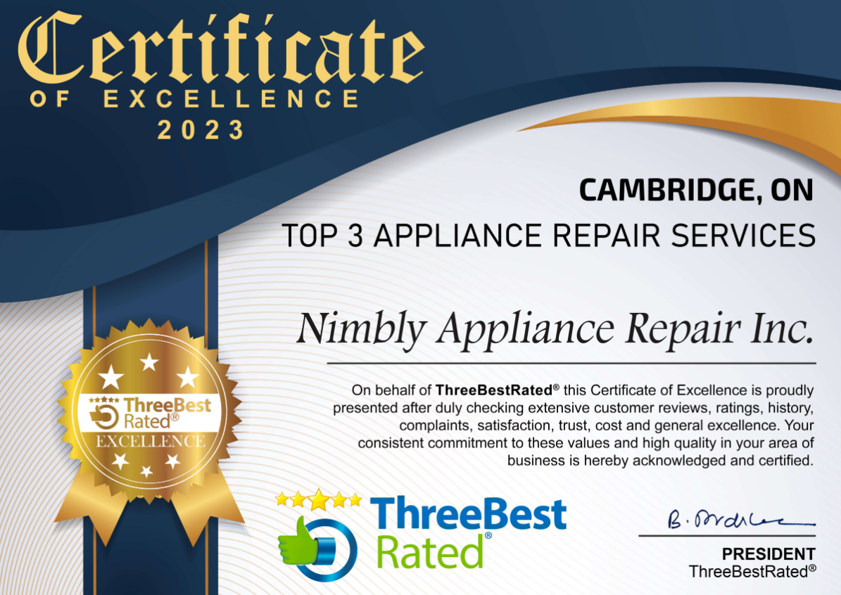 Certificate of excellence for Nimbly Appliance Repair Inc. - Appliance Repair Company in Cambridge, ON
