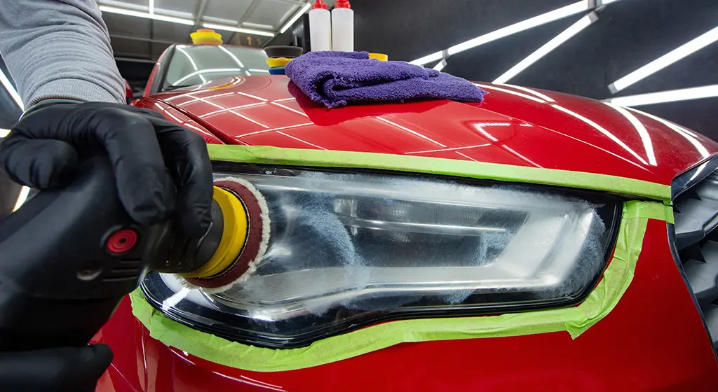 Headlight Restoration in Toronto, close-up during wet sanding