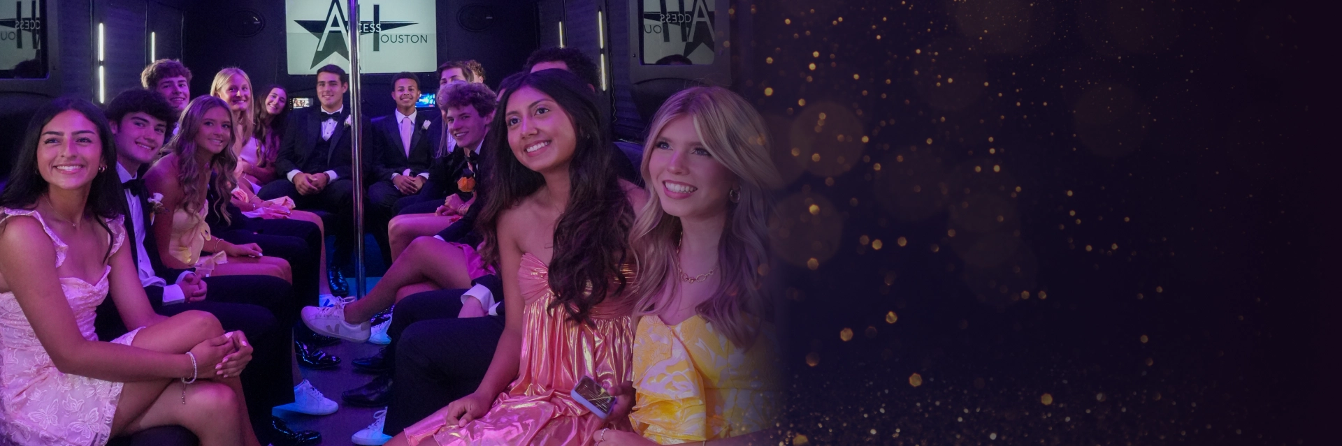 Interior of luxury bus rental in Houston with leather seating