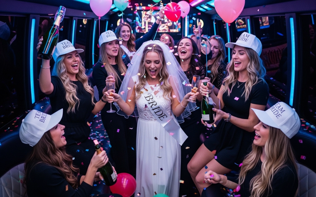 Wedding guests boarding luxury shuttle bus in Houston