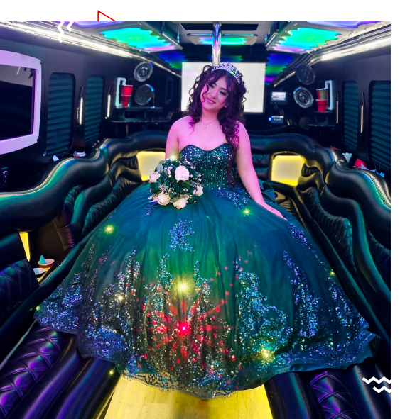 Group celebrating inside Access Houston luxury bus