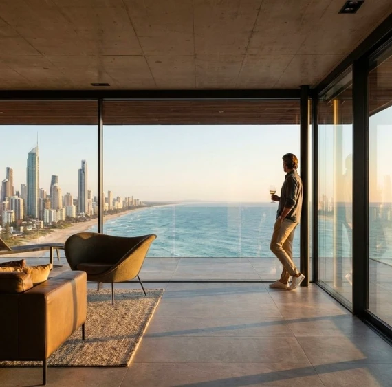 Interior living space illuminated by natural light through a sleek aluminum window system overlooking landscaped gardens.