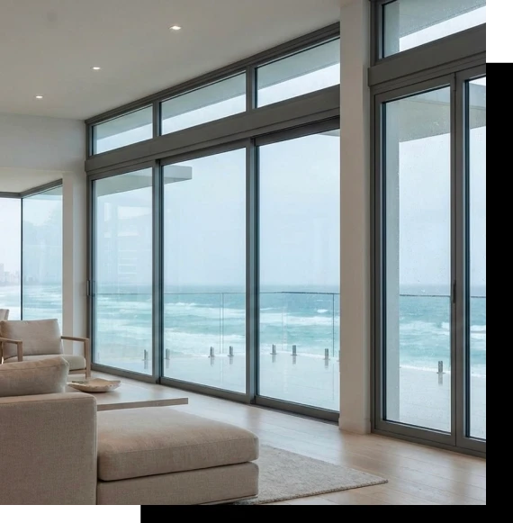 Modern residential building featuring sleek hurricane system glazing with strong aluminium framing.