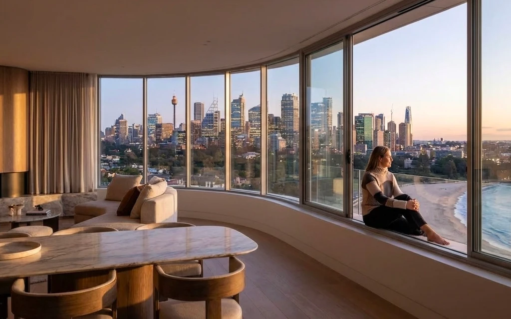 A contemporary home in Sydney featuring elegant curved windows that follow the architecture of the façade. and Belgium and Belgium