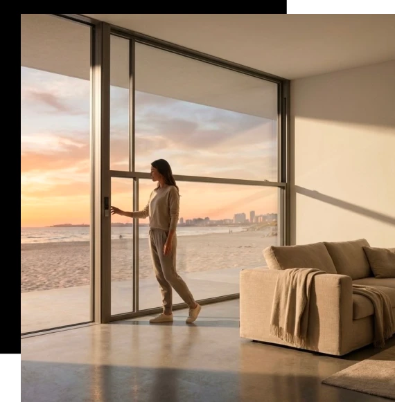 Luxury architectural project featuring sleek guillotine door systems with vertical sliding glass panels.