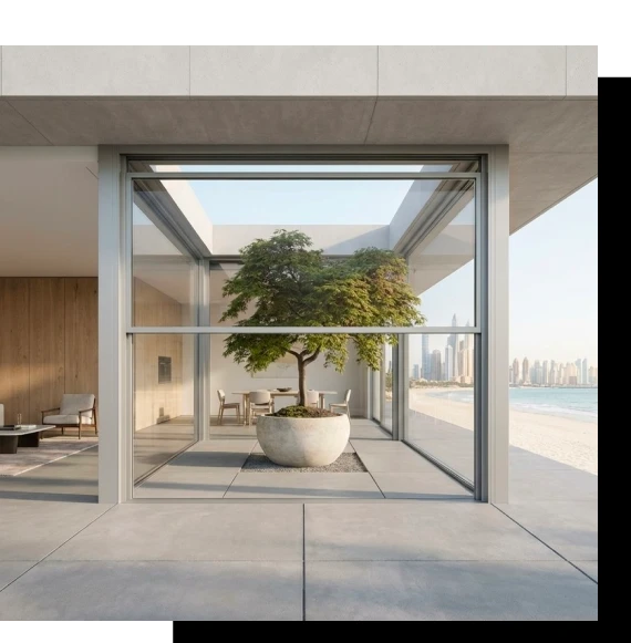 A stylish interior space where guillotine door systems frame wide landscape views.