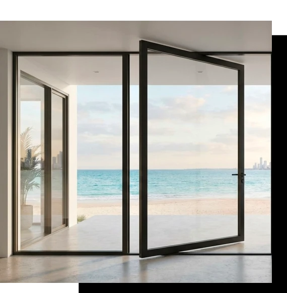 Luxury residential façade displaying pivot door systems with refined structural detailing.
