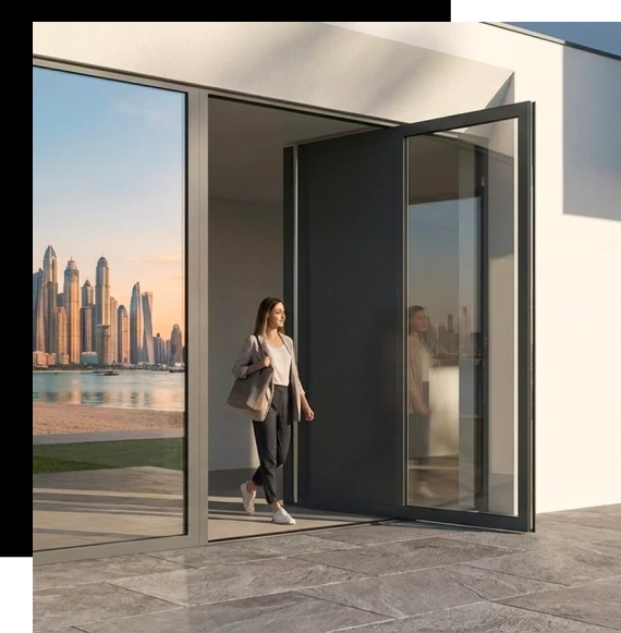 Large pivot door systems installed in a contemporary home with clean minimalist architecture.