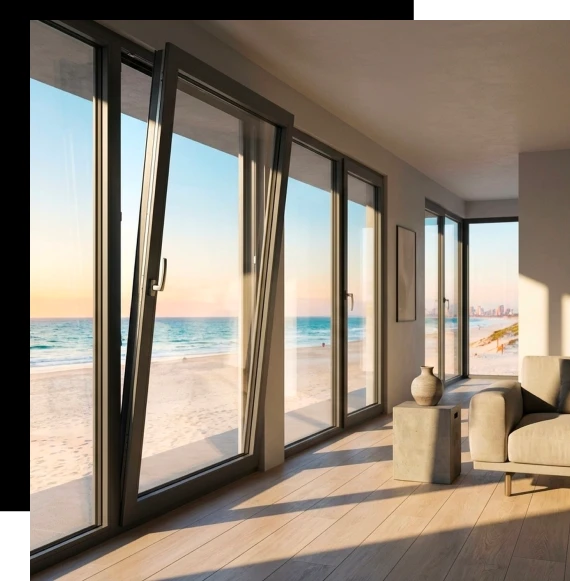 Architect designed home exterior highlighting high performance turn and tilt systems with clean modern lines.