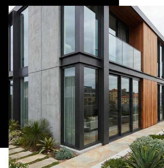 Installers carefully position glazing frames during the installation of an aluminum window system in a Gold Coast residence.
