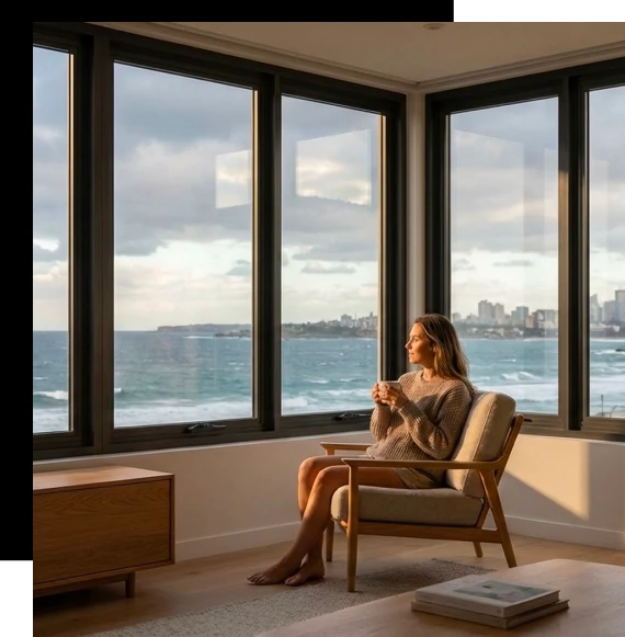 Installers carefully position glazing frames during the installation of an aluminum window system in a Gold Coast residence.