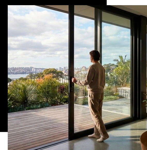 Installers carefully position glazing frames during the installation of an aluminum window system in a Gold Coast residence.