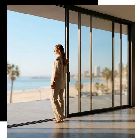 A modern house façade displaying a refined sliding system integrated into a clean architectural design.