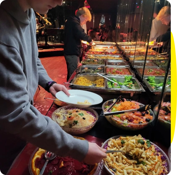 Student-friendly group buffet dining in New York City with live entertainment and jazz music.