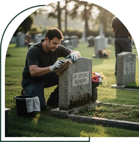 cemetery stone cleaning in Murrieta removing moss from memorial