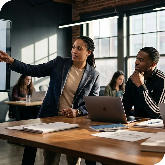 A group of alumni professionals discusses leadership roles discovered through an alumni job board platform.