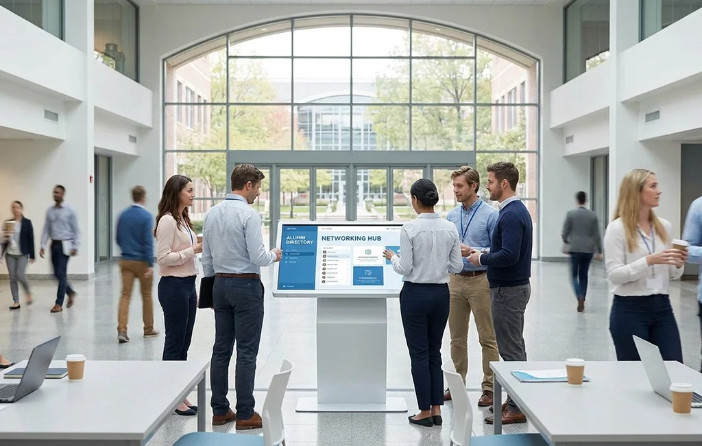 A professional reviews peer profiles inside an alumni directory on a laptop screen.