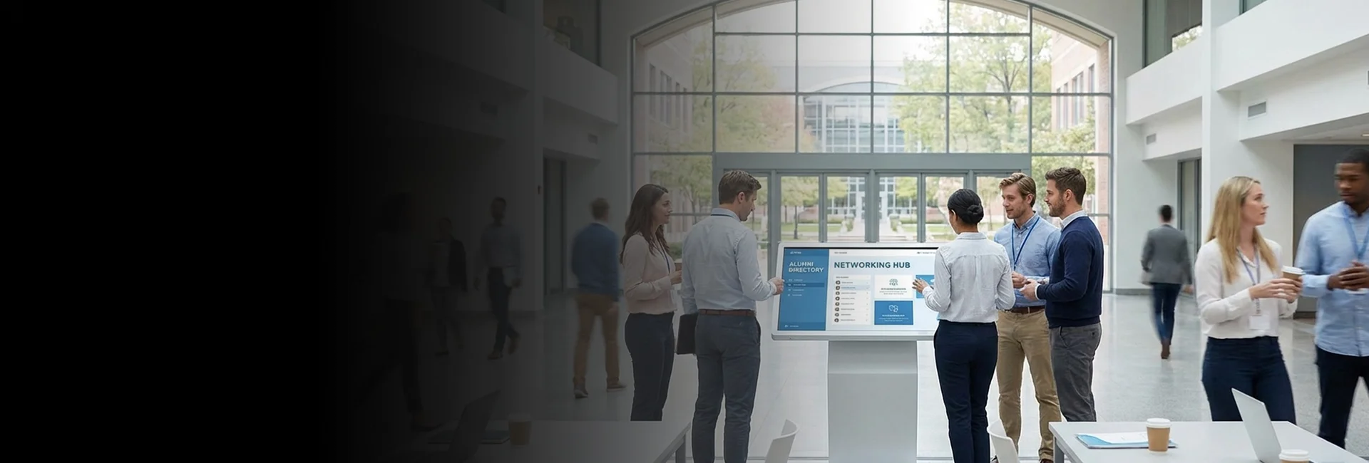 A professional reviews peer profiles inside an alumni directory on a laptop screen.