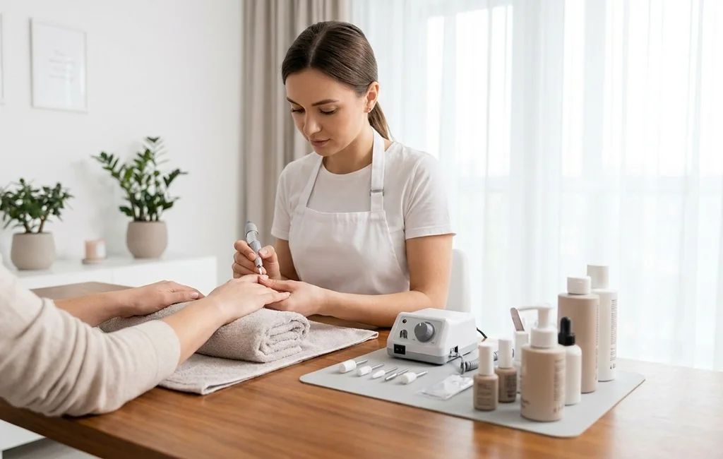 Technician performing Russian manicure in West Hartford with precision