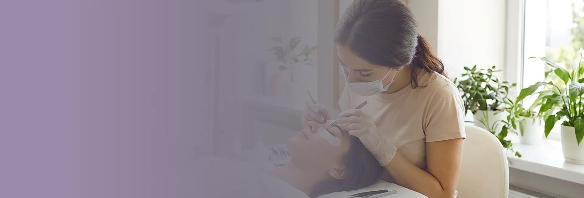 Client receiving eyelash extensions in West Hartford in spa room