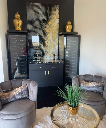 Home office arranged with curated furniture and interior decorating services in Bakersfield.