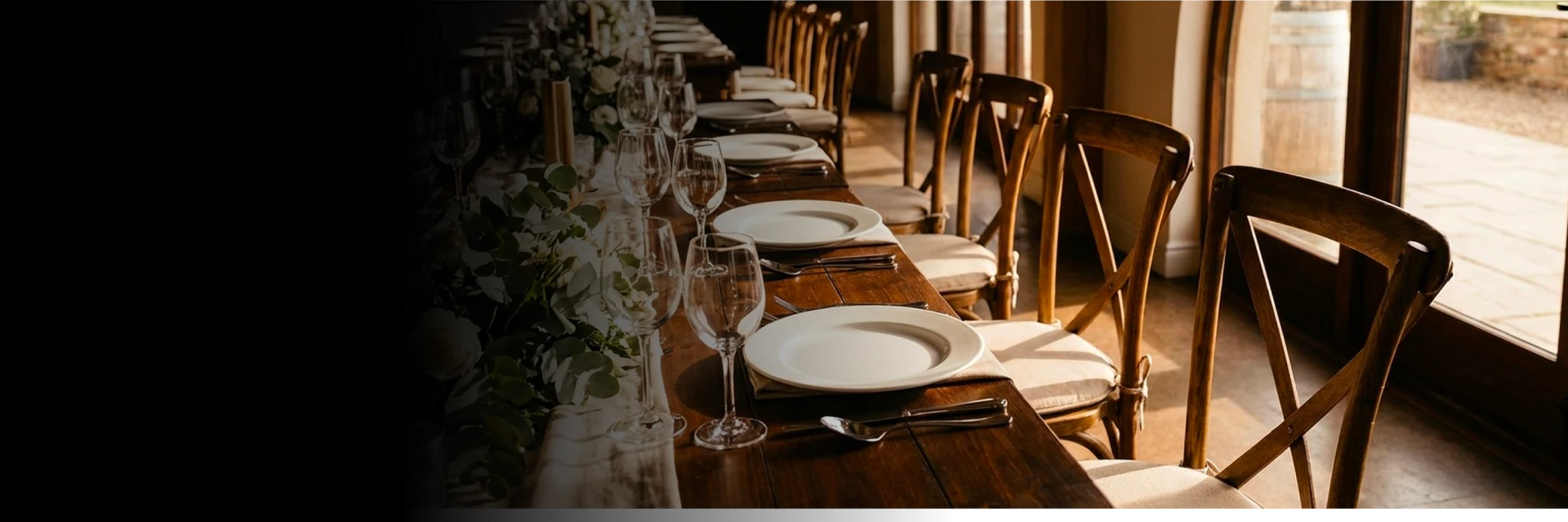 Event tables arranged for event equipment rentals in Mississauga at a banquet hall.